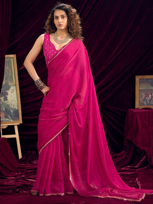 Classic Pink Solid Art Silk Saree Featuring Sequins Embroidery & Gota Patti Lace Border - Image 1