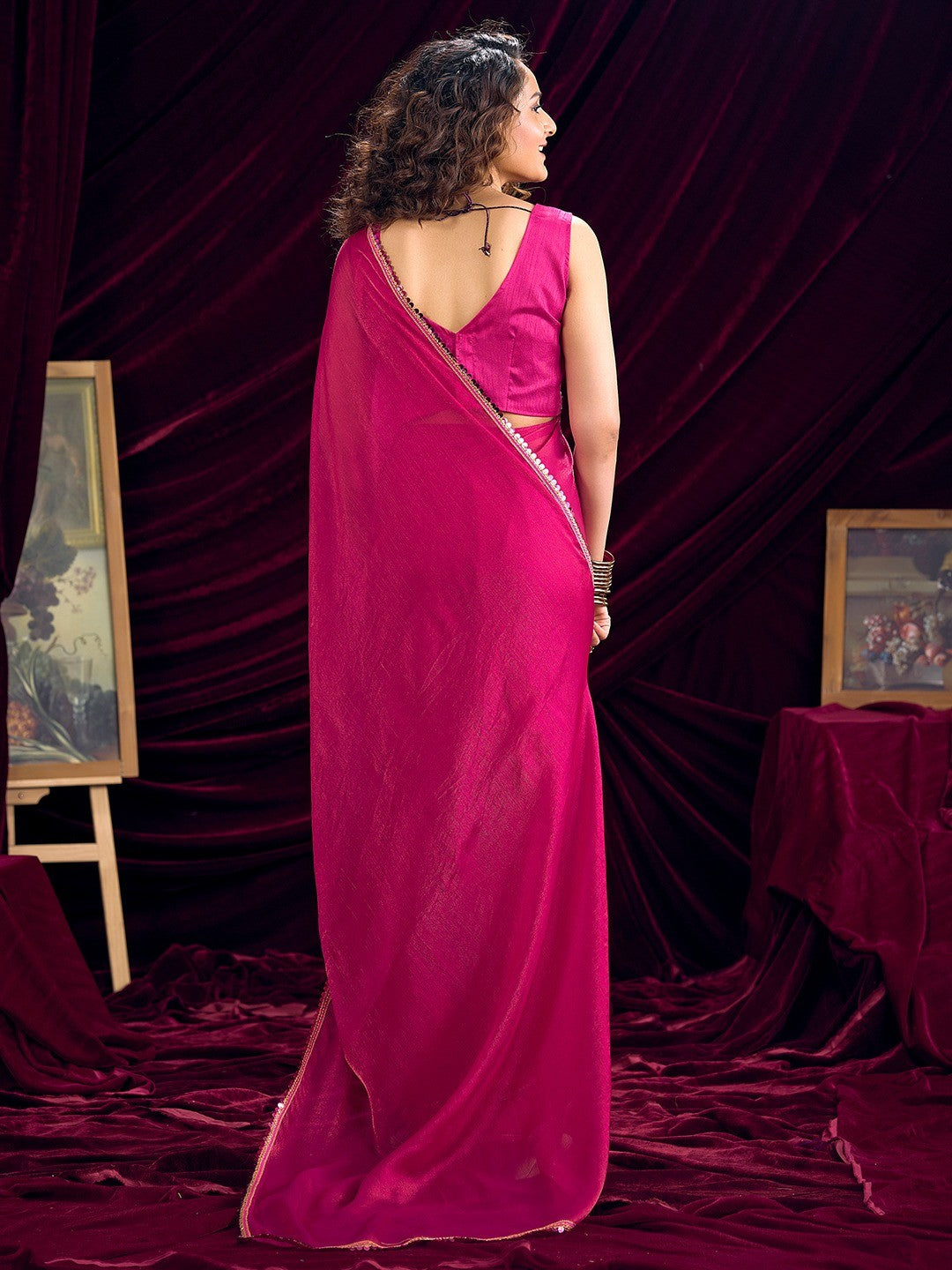 Classic Pink Solid Art Silk Saree Featuring Sequins Embroidery & Gota Patti Lace Border - Image 4