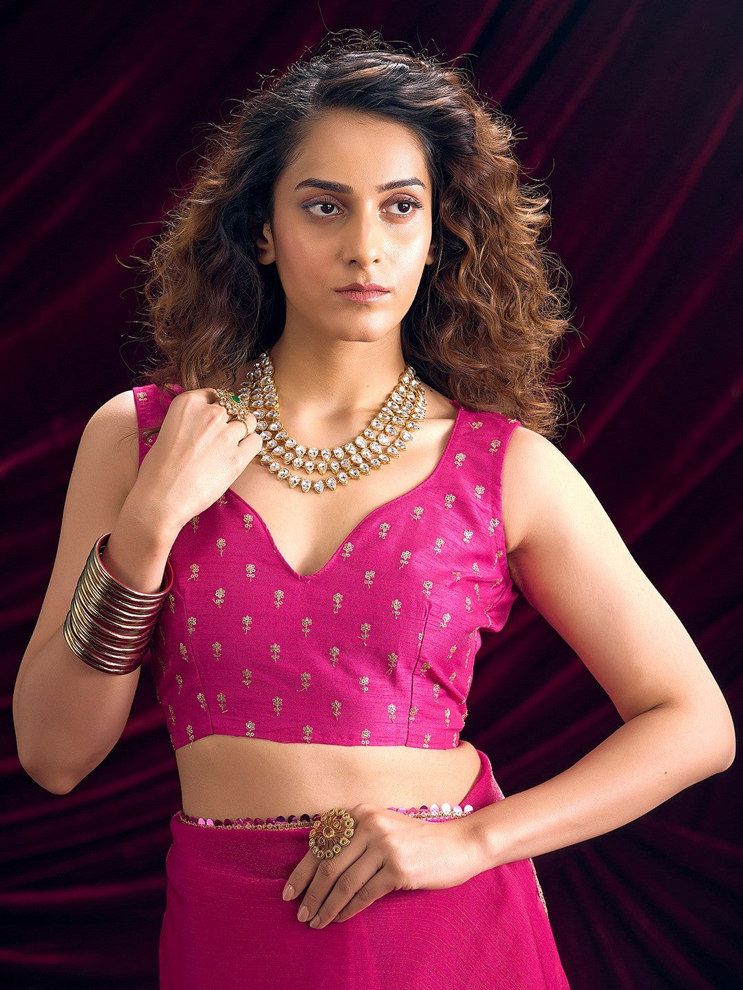 Classic Pink Solid Art Silk Saree Featuring Sequins Embroidery & Gota Patti Lace Border - Image 2