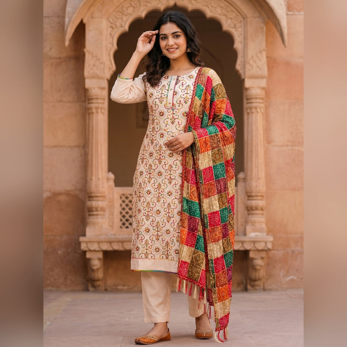 Cream Floral Embroidered Cotton Blend Dress Material