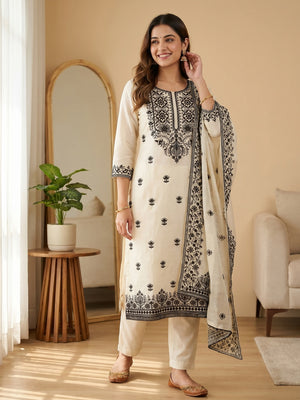 Festive Off White Floral Embroidered Dress Material in Sheer Chanderi Silk - Image 1