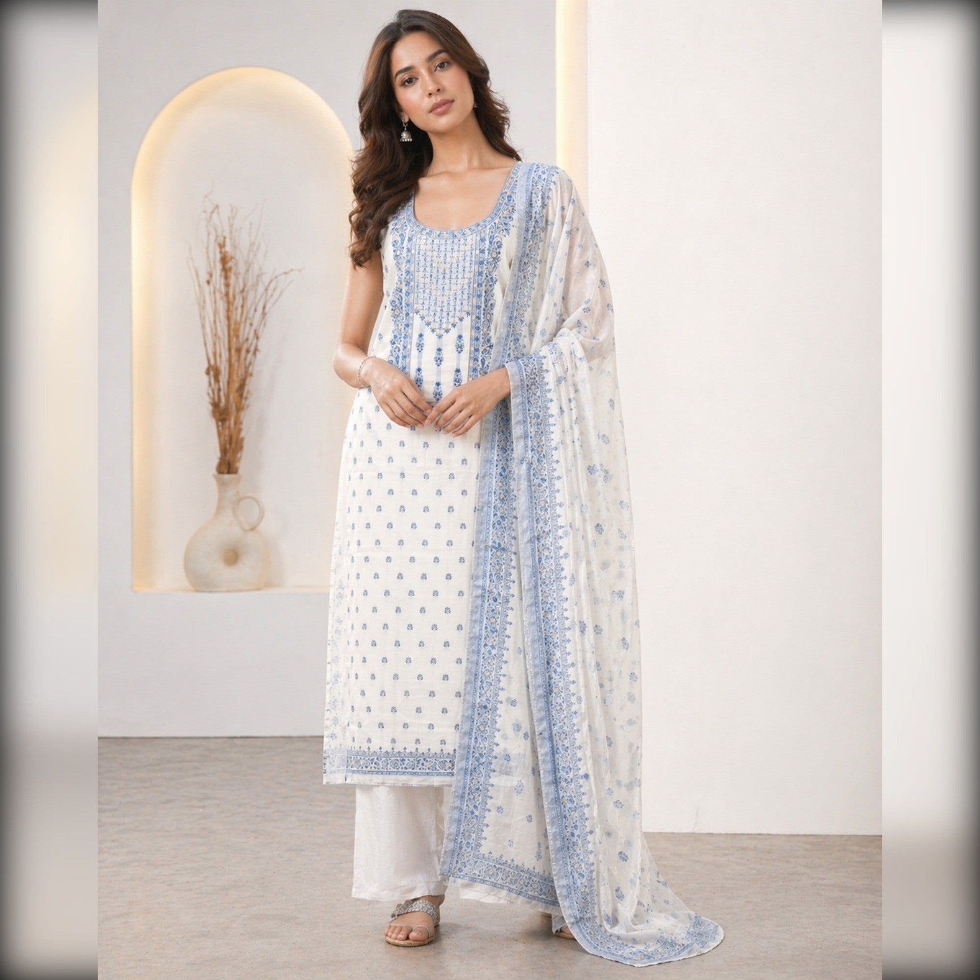 White & Blue Floral Woven Muslin Dress Material - Image 1