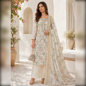 Cream Floral Printed Linen Dress Material - Image 1