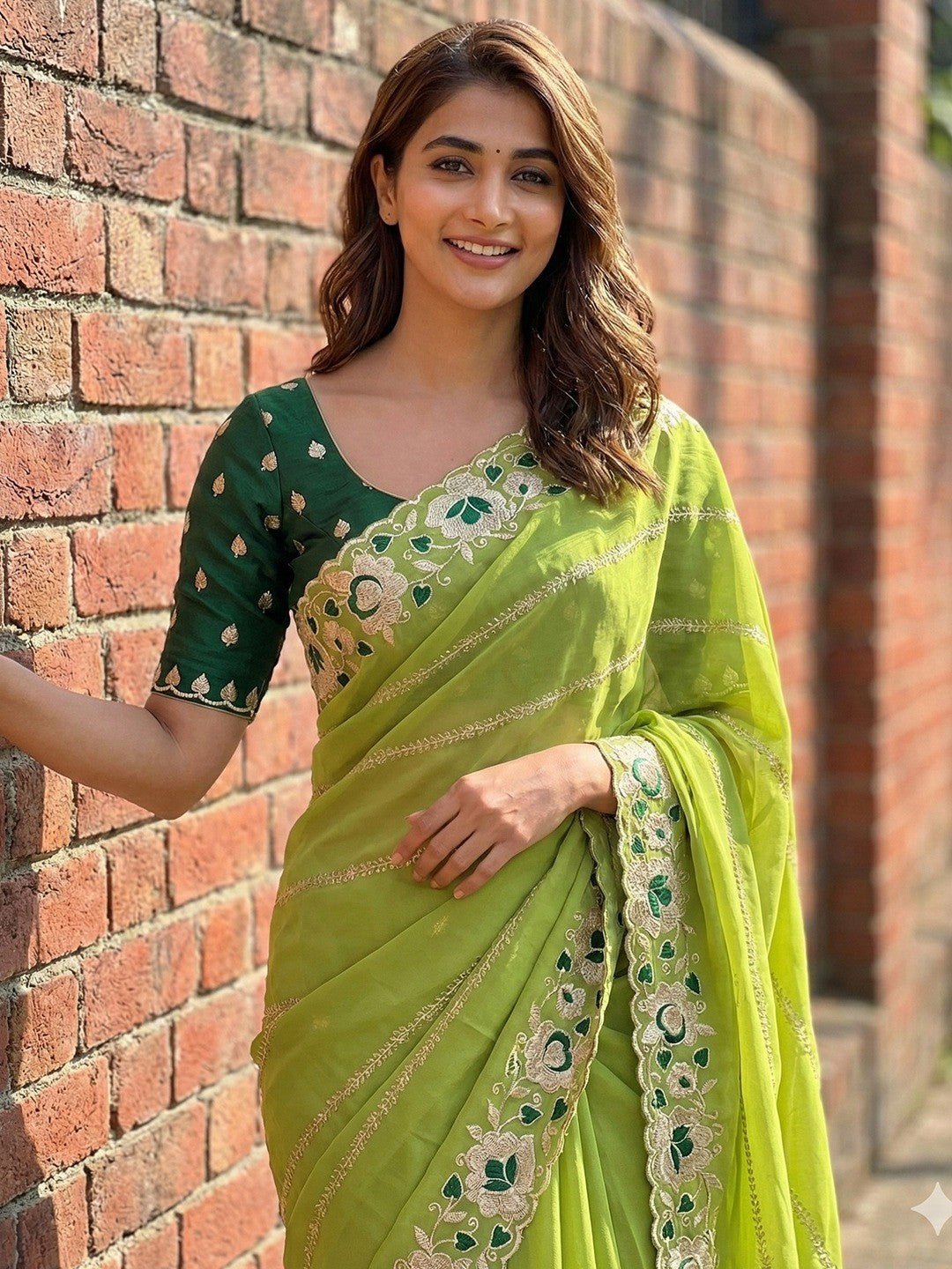 Sophisticated Green Striped Pattern Georgette Saree With Floral Thread Embroidered Border - Image 3