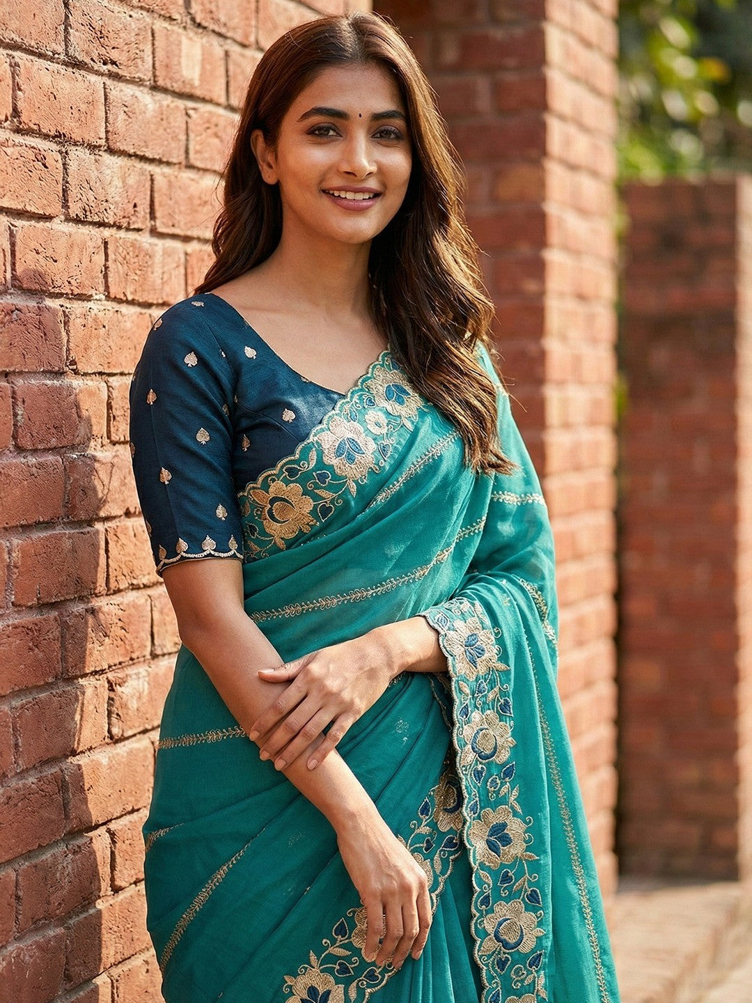Sophisticated Teal Striped Pattern Georgette Saree With Floral Thread Embroidered Border - Image 5