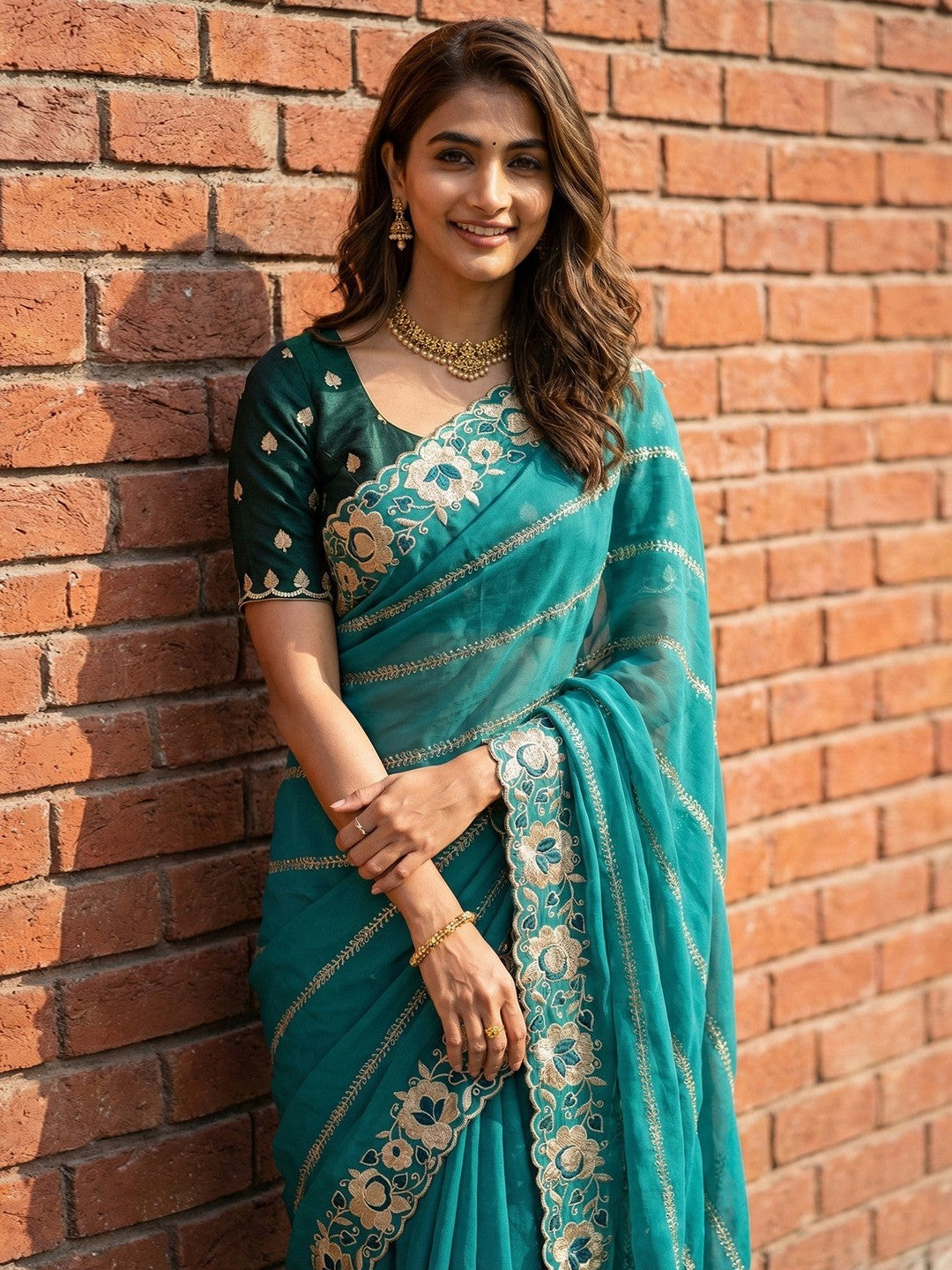 Sophisticated Teal Striped Pattern Georgette Saree With Floral Thread Embroidered Border - Image 4