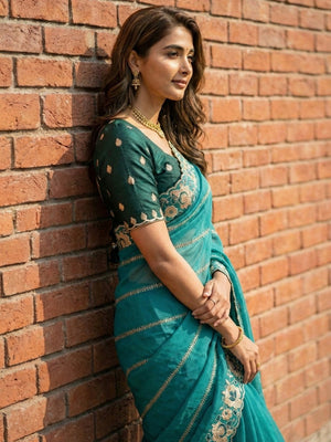 Sophisticated Teal Striped Pattern Georgette Saree With Floral Thread Embroidered Border - Image 2