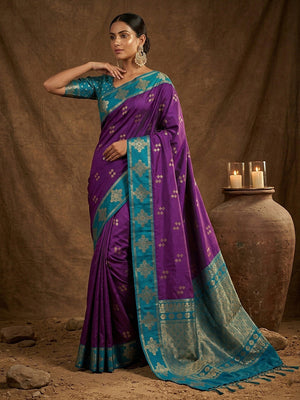 Elegant Violet Silk Blend Saree with Zari Weaving and Tassel Pallu - Image 1