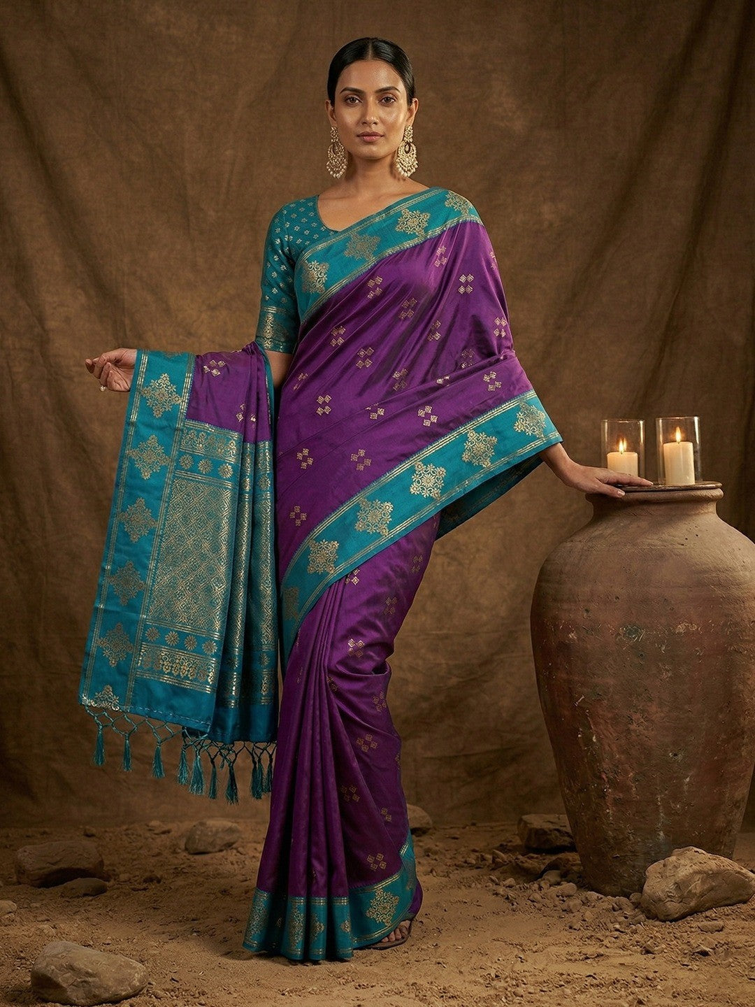 Elegant Violet Silk Blend Saree with Zari Weaving and Tassel Pallu - Image 5
