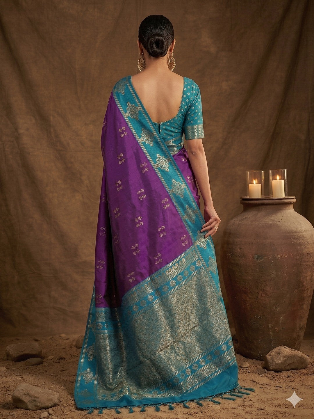 Elegant Violet Silk Blend Saree with Zari Weaving and Tassel Pallu - Image 3