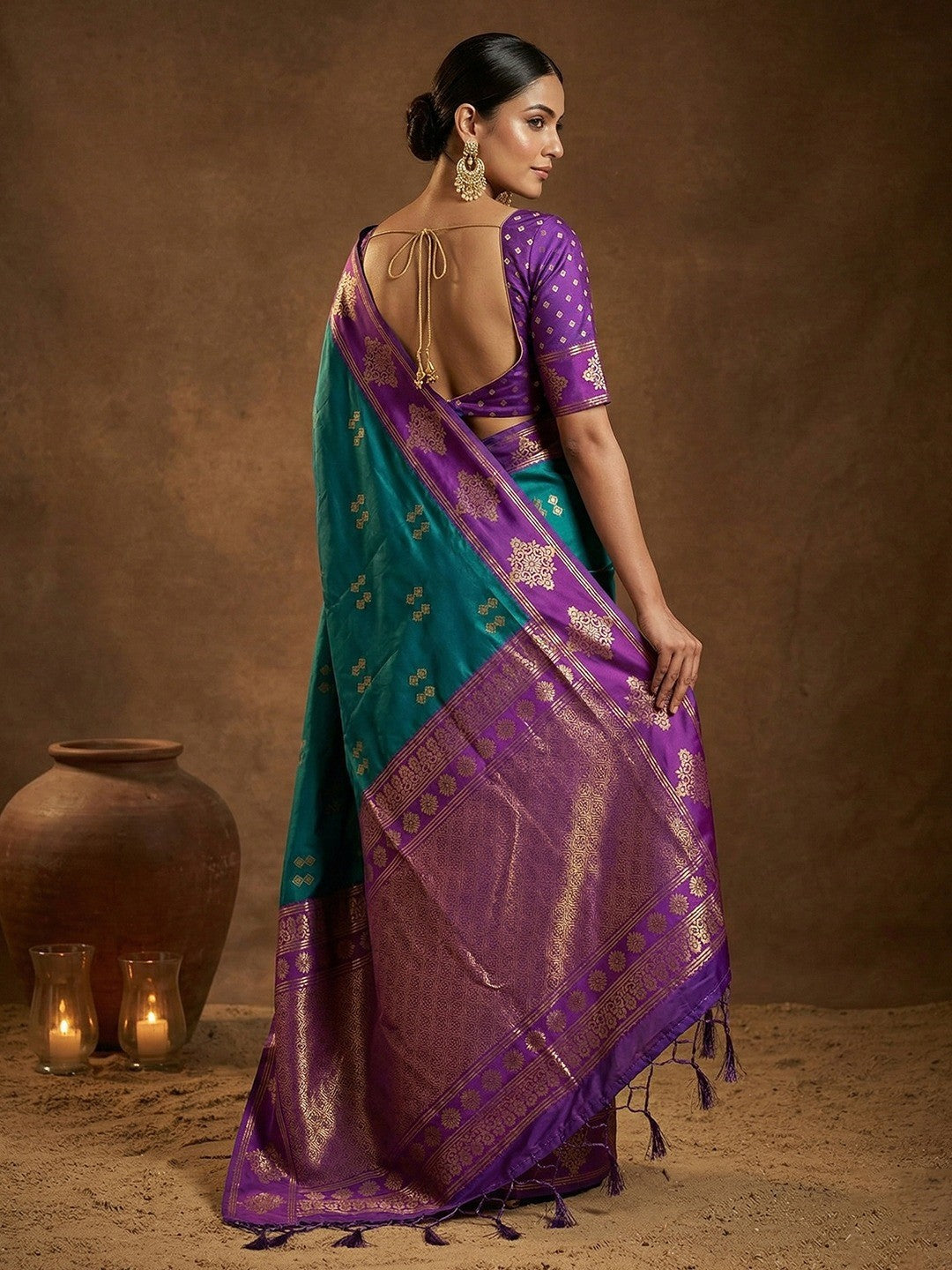 Elegant Teal Floral Motif Silk Blend Saree Featuring Intricate Zari Weaving With Tassel Pallu - Image 3