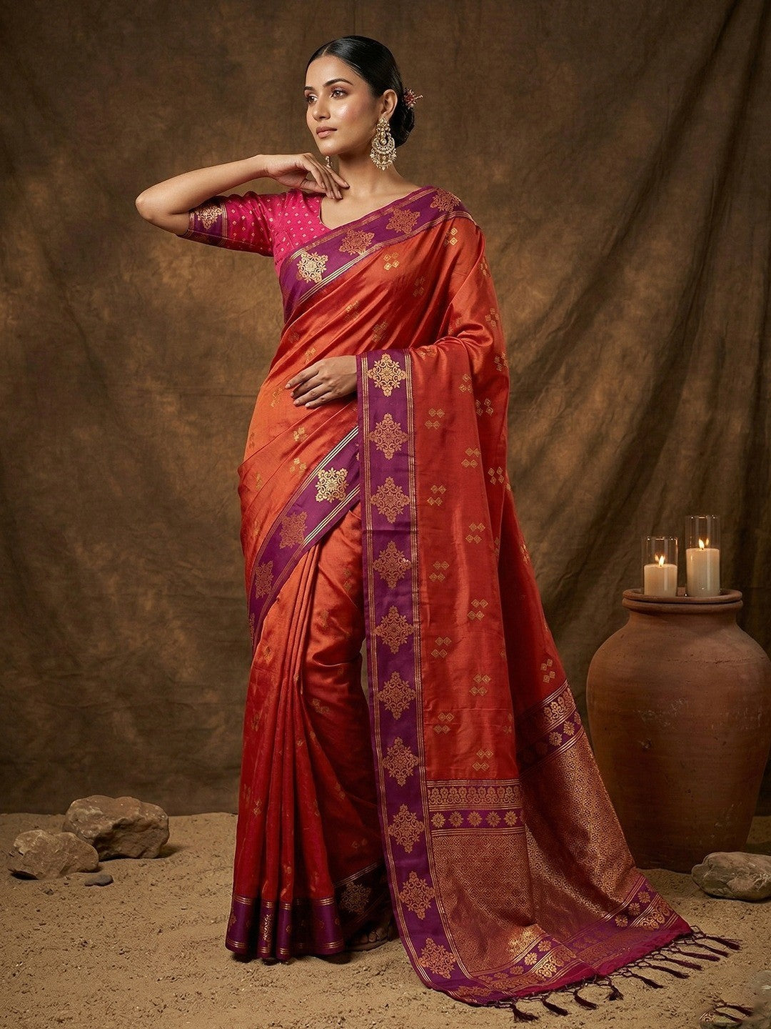 Elegant Orange Silk Blend Saree with Zari Work Border - Image 1
