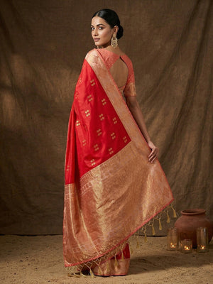 Elegant Red Floral Motif Silk Blend Saree Featuring Intricate Zari Weaving With Tassel Pallu - Image 2