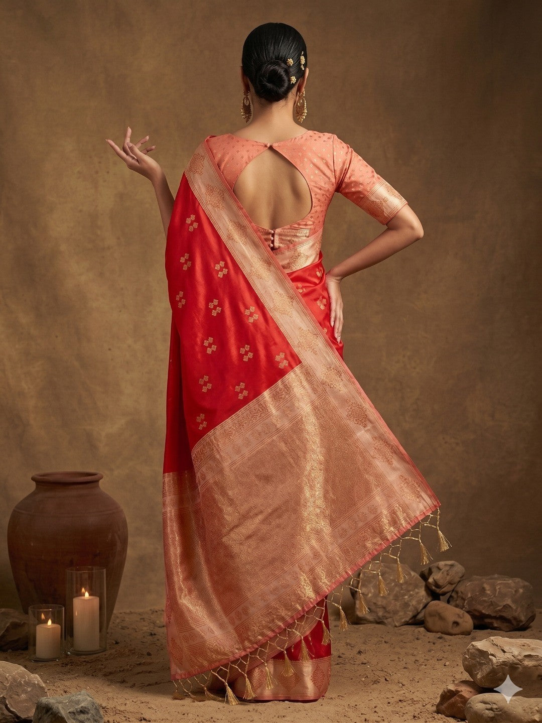 Elegant Red Floral Motif Silk Blend Saree Featuring Intricate Zari Weaving With Tassel Pallu - Image 4