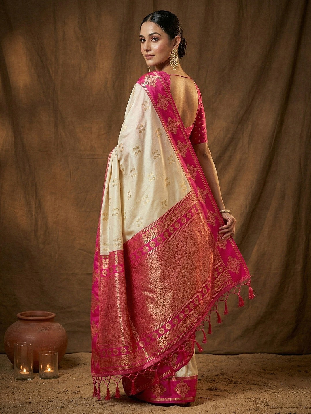 Elegant Cream Floral Motif Silk Blend Saree Featuring Intricate Zari Weaving With Tassel Pallu - Image 5