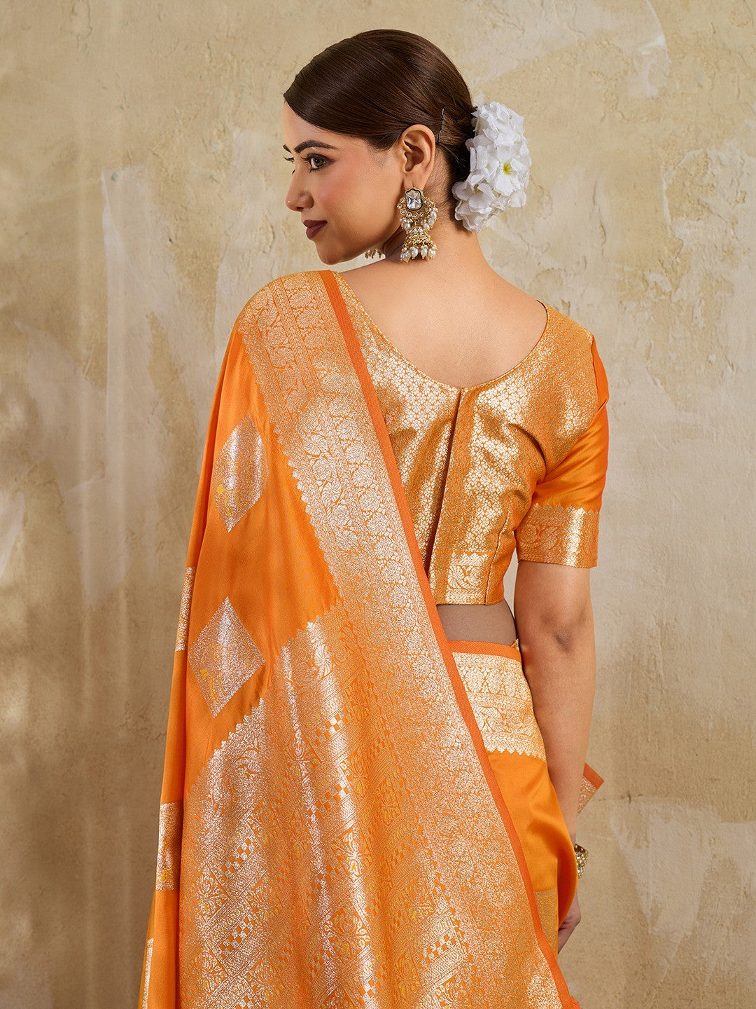 Designer Orange Peacock & Floral Motif Silk Blend Saree Crafted With Elegant Zari Weaving Work - Image 7