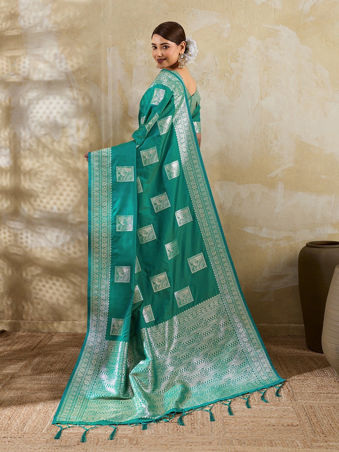 Sea Green Silk Blend Saree with Delicate Zari Work Lightweight Festive Style - Image 4