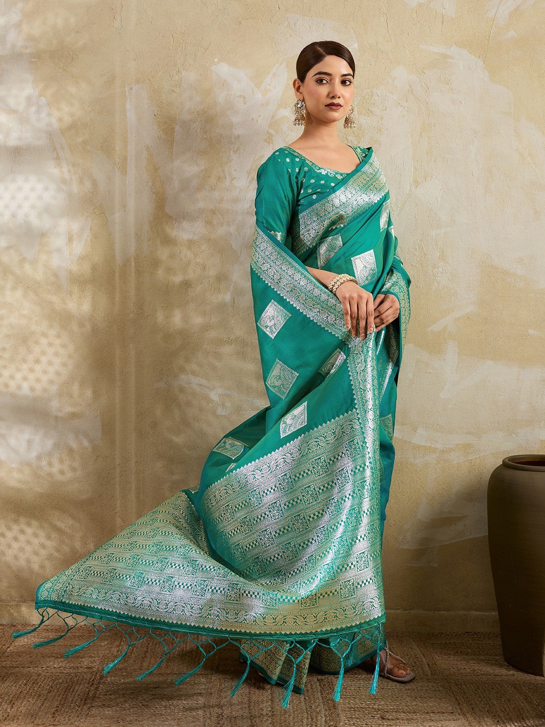 Sea Green Silk Blend Saree with Delicate Zari Work Lightweight Festive Style - Image 3