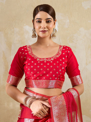 Designer Red Peacock & Floral Motif Silk Blend Saree Crafted With Elegant Zari Weaving Work - Image 2