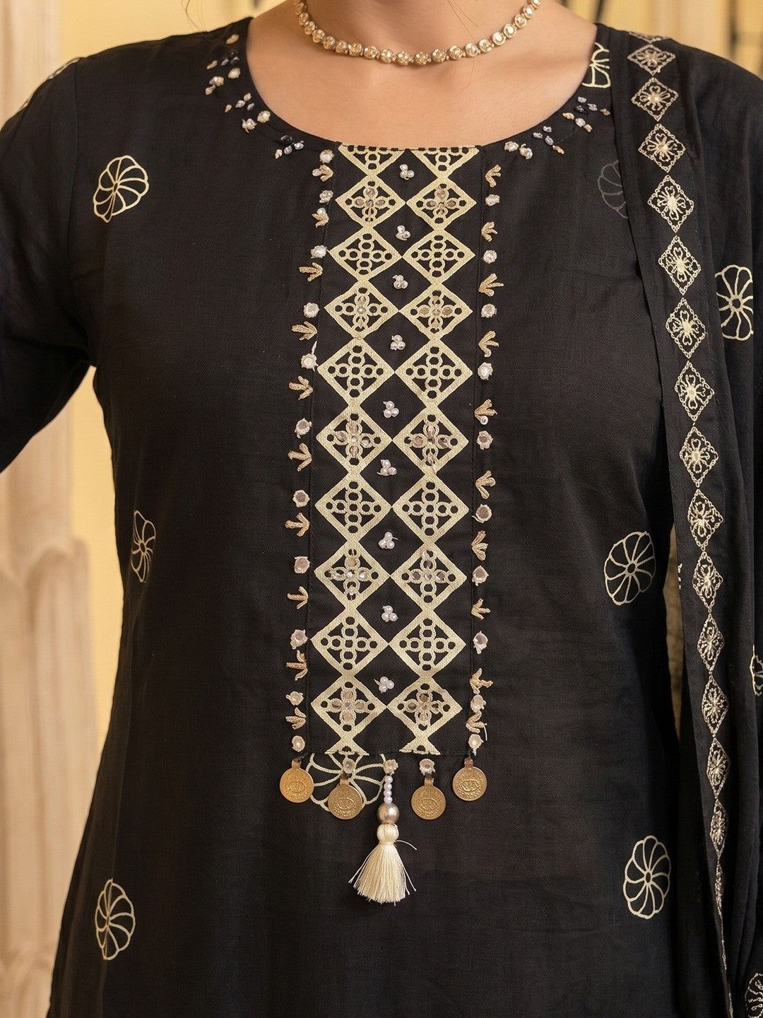 Elegant Black Pure Cotton Embroidered Straight Cut Salwar Suit Set - Image 2