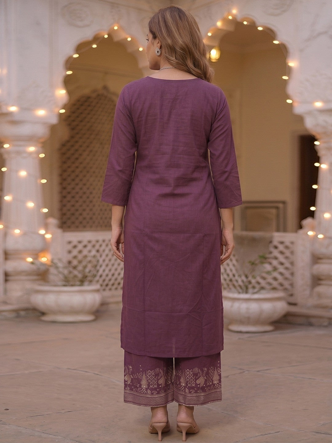 Wine Embroidered Pure Cotton Straight Cut Salwar Suit Set Festive Ethnic Wear - Image 4