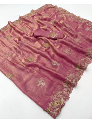 Elegant Pink Satin Embroidered Saree with Intricate Floral Motifs - Image 3