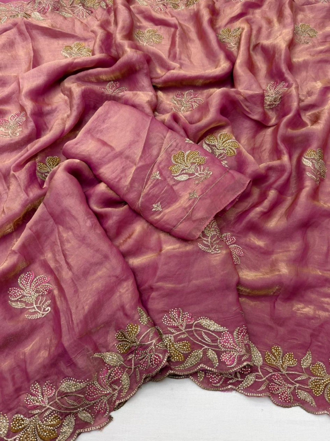Elegant Pink Satin Embroidered Saree with Intricate Floral Motifs - Image 2