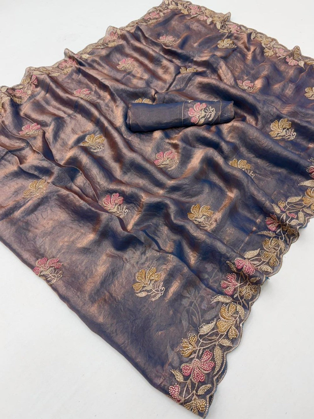 Elegant Dusty Blue Satin Embroidered Saree with Floral Details - Image 3