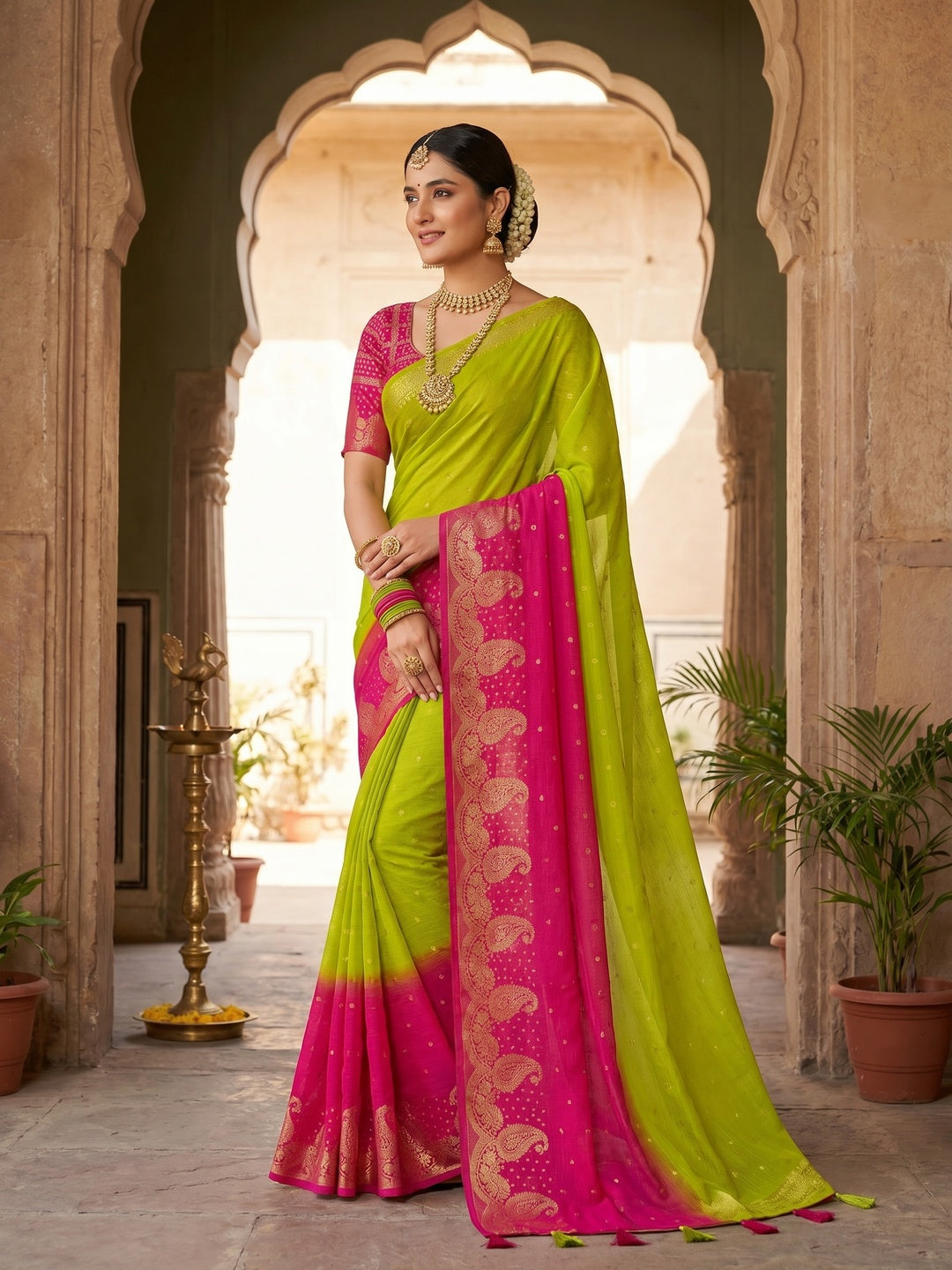 Stylish Multicolor Chinon Saree with Woven Zari Work Elegant Look - Image 1