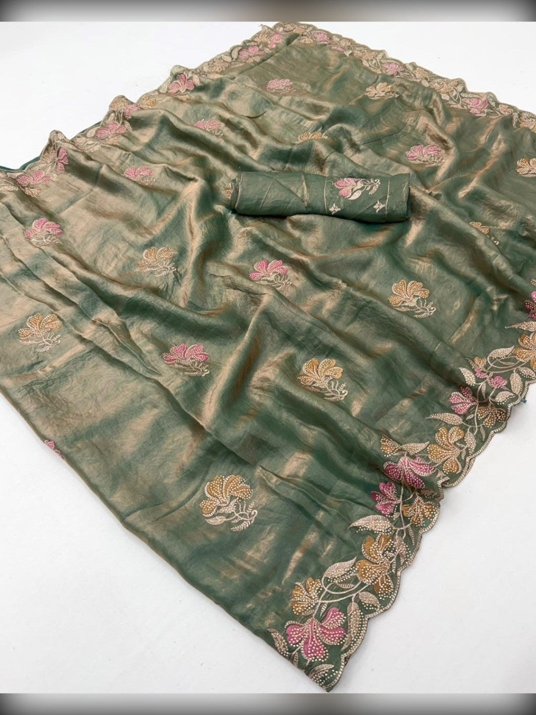 Olive Satin Embroidered Saree with Intricate Floral Thread Work - Image 2
