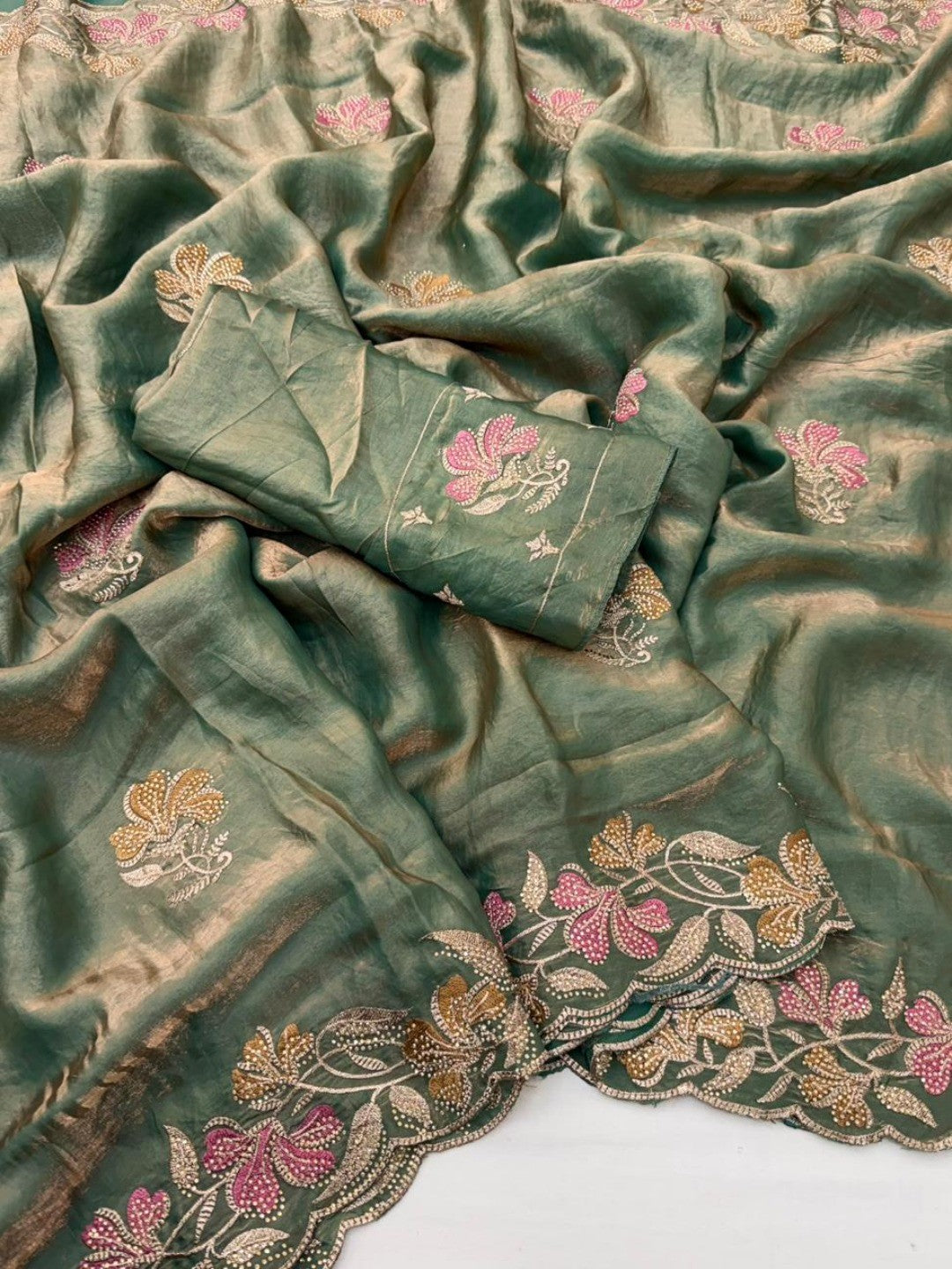 Olive Satin Embroidered Saree with Intricate Floral Thread Work - Image 3