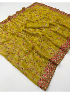 Mustard Georgette Saree with Intricate Floral Thread Work In kashmiri Style  - Image 2