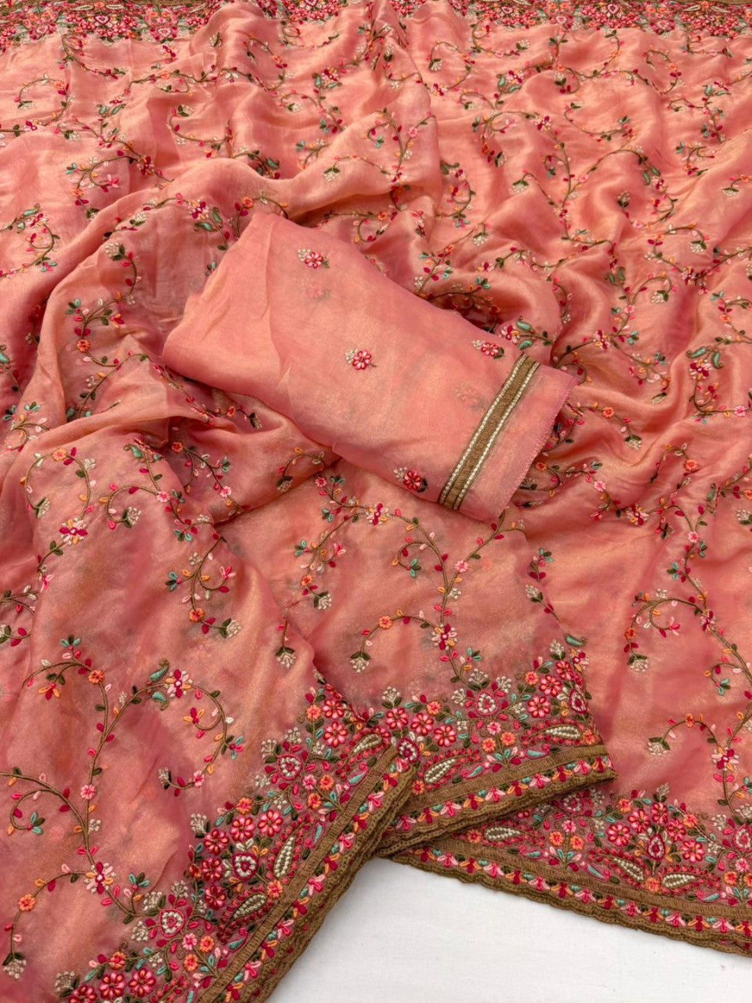 Elegant Peach Georgette Saree with Intricate Thread Work in Kashmiri Style Embroidery - Image 2