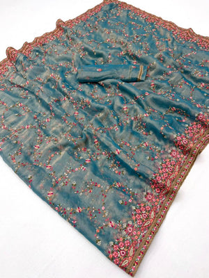 Elegant Rama Blue Georgette Saree with Intricate Thread Work in Kashmiri Style - Image 2