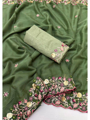 Olive Georgette Saree with Heavy Coding Floral Thread Embroidery Work - Image 2