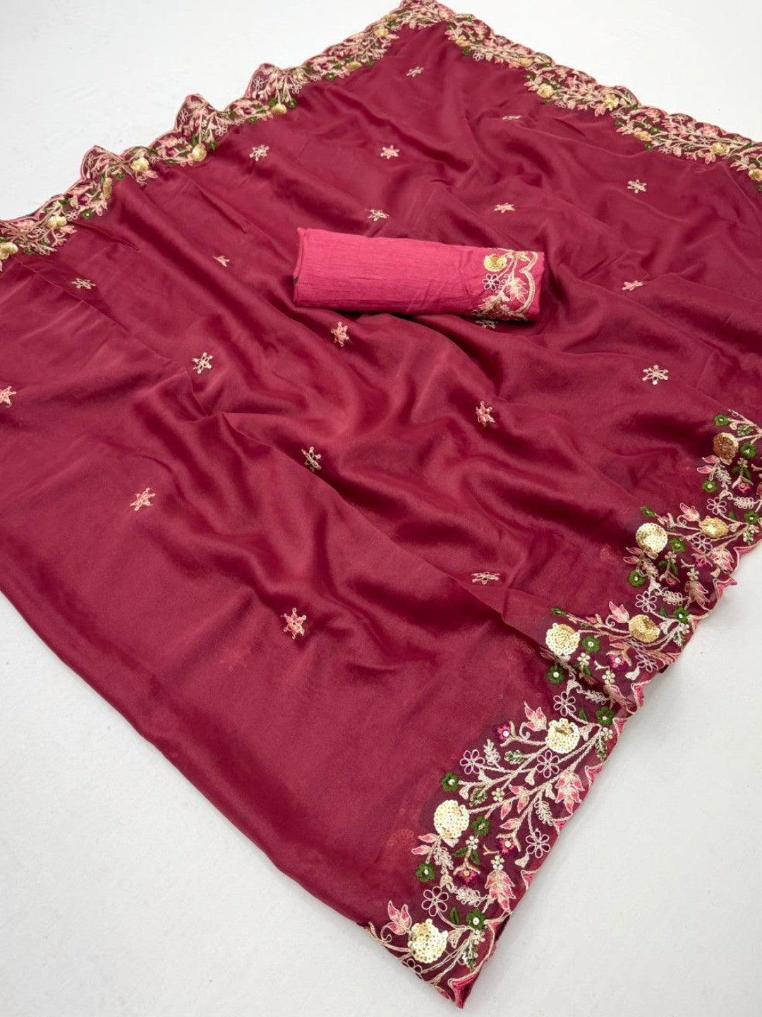 Maroon Georgette Saree with Heavy Coding Floral Thread Embroidery Work - Image 2