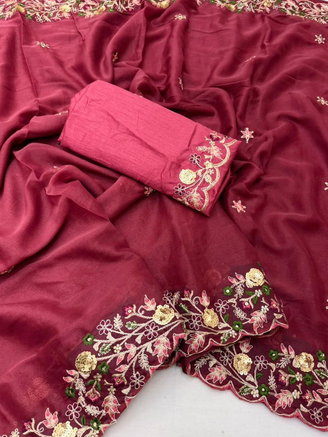 Maroon Georgette Saree with Heavy Coding Floral Thread Embroidery Work - Image 3