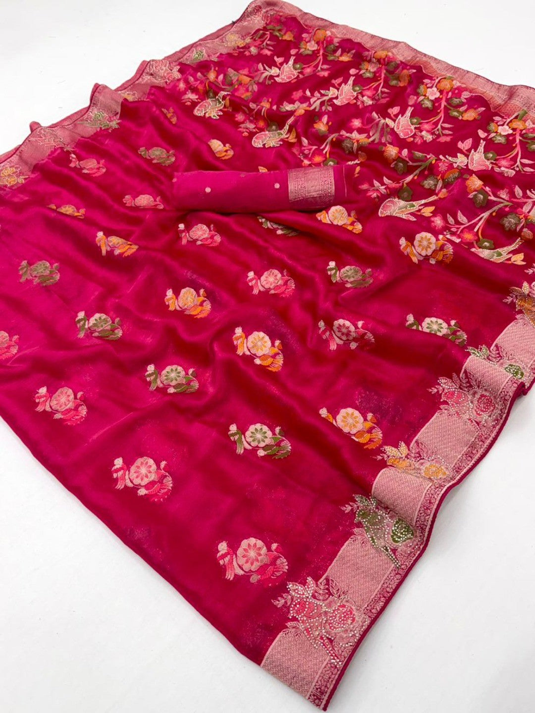Pink Chiffon Saree with Intricate Floral Weaving and Stone Work Elegant Party Wear - Image 3