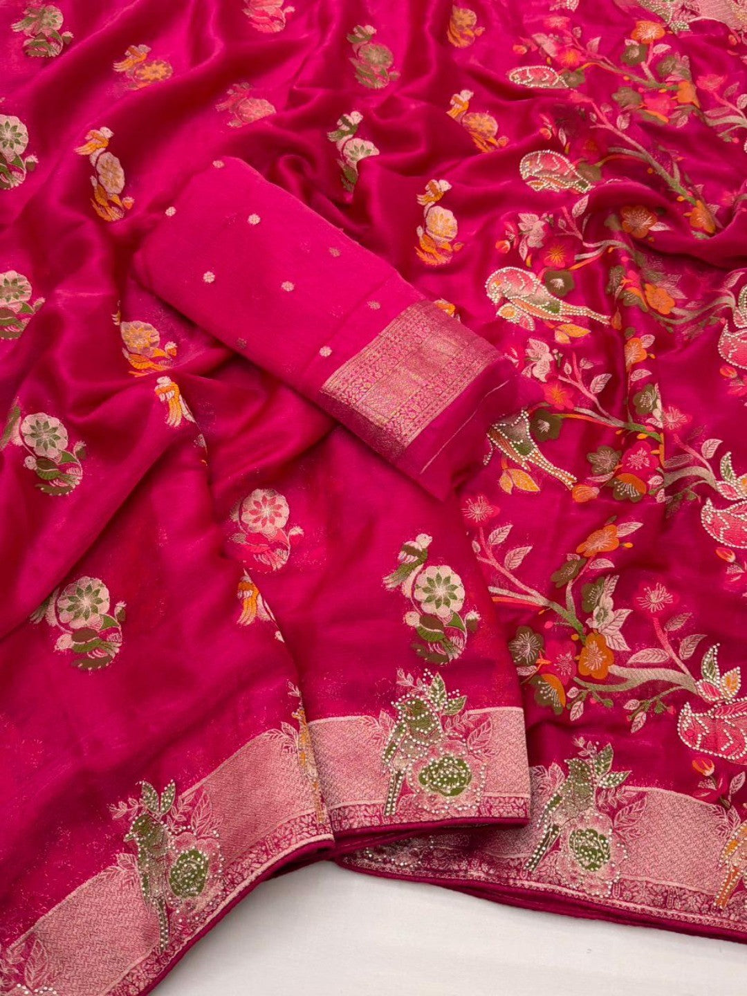 Pink Chiffon Saree with Intricate Floral Weaving and Stone Work Elegant Party Wear - Image 2