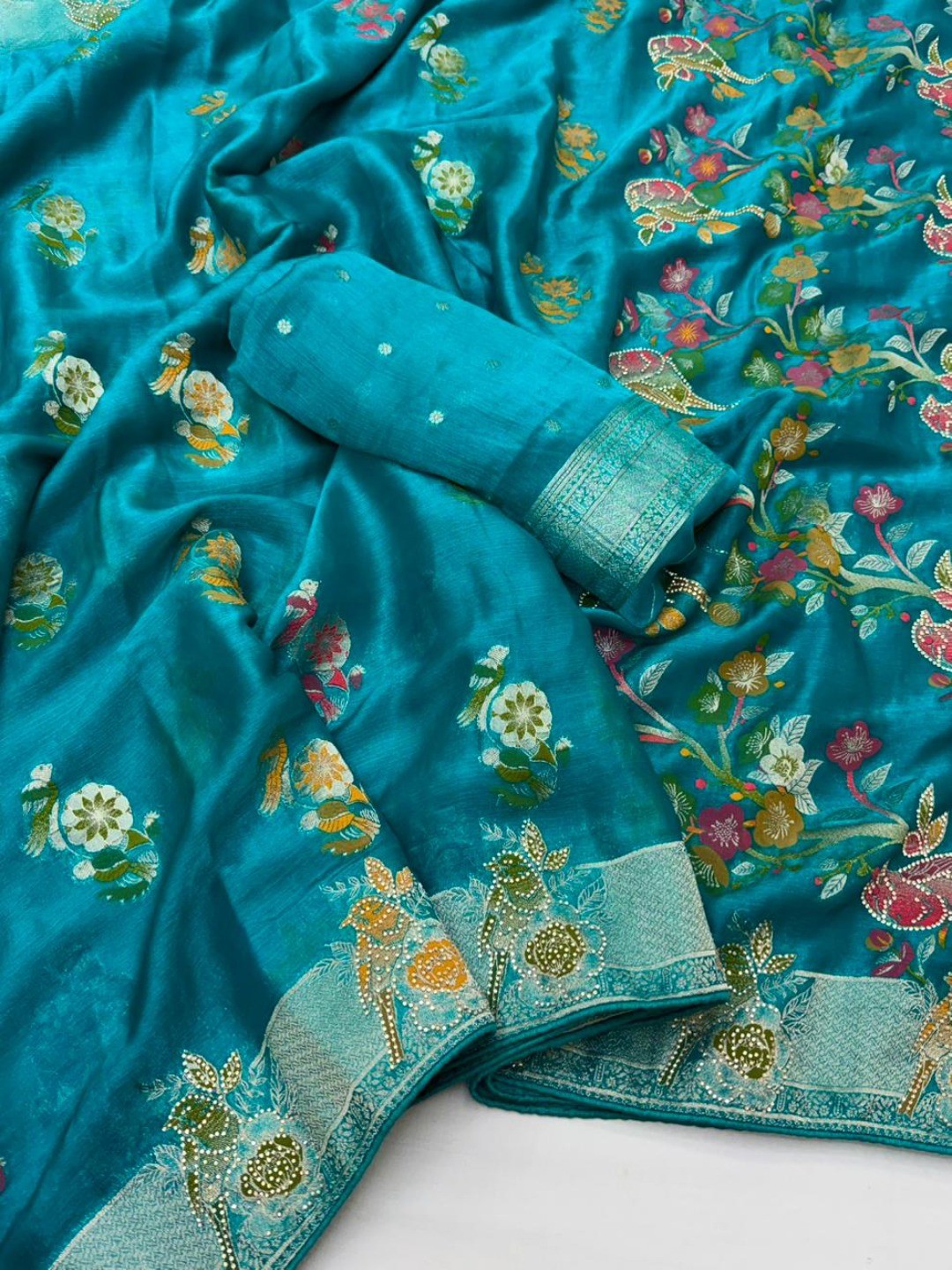 Rama Blue Chiffon Saree with Intricate Floral Embroidery and Zari Border - Image 2
