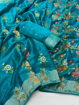 Rama Blue Chiffon Saree with Intricate Floral Embroidery and Zari Border - Image 2