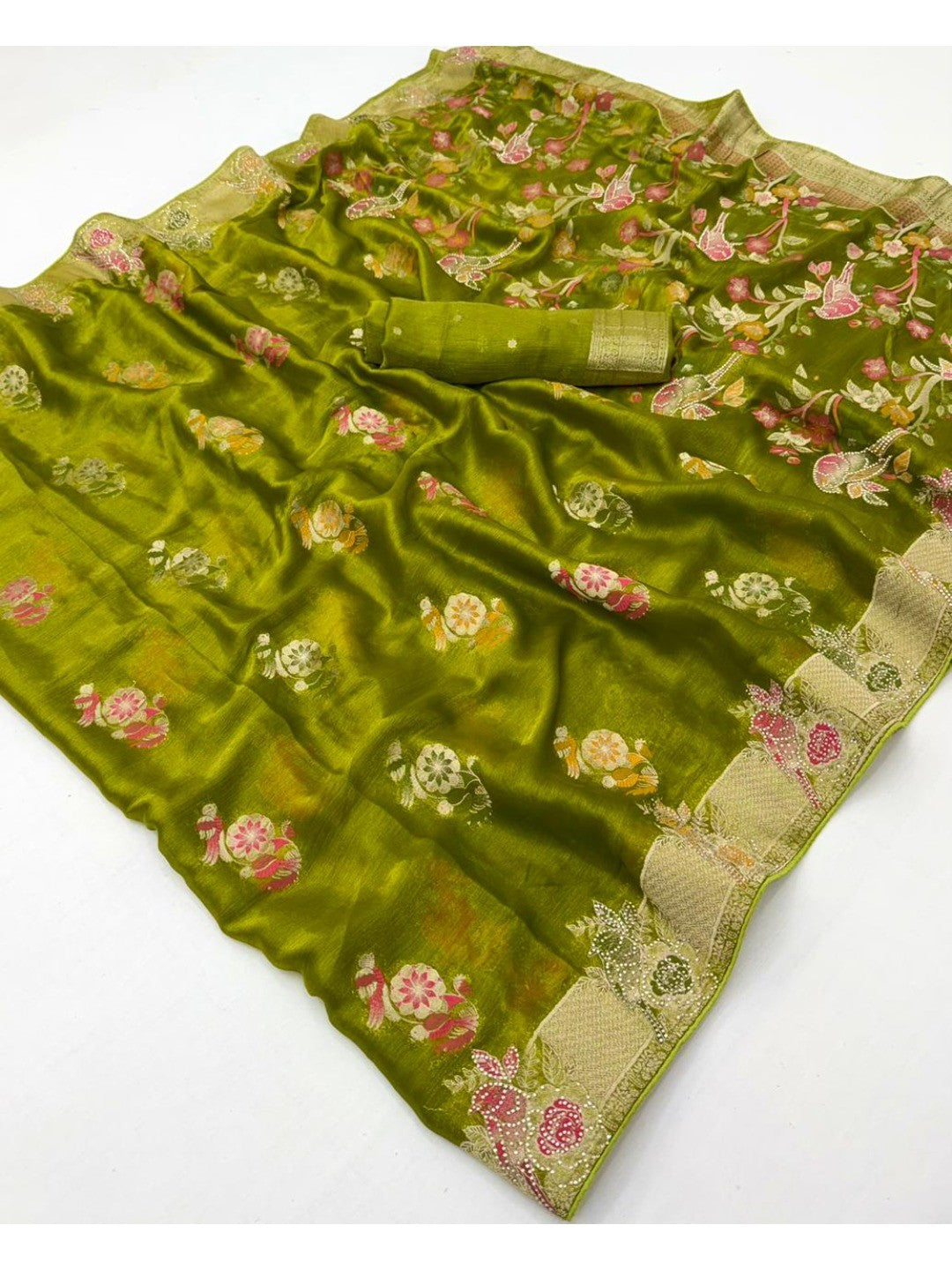 Green Chiffon Saree with Intricate Floral Weaving and Stone Work Elegant Party Wear - Image 2