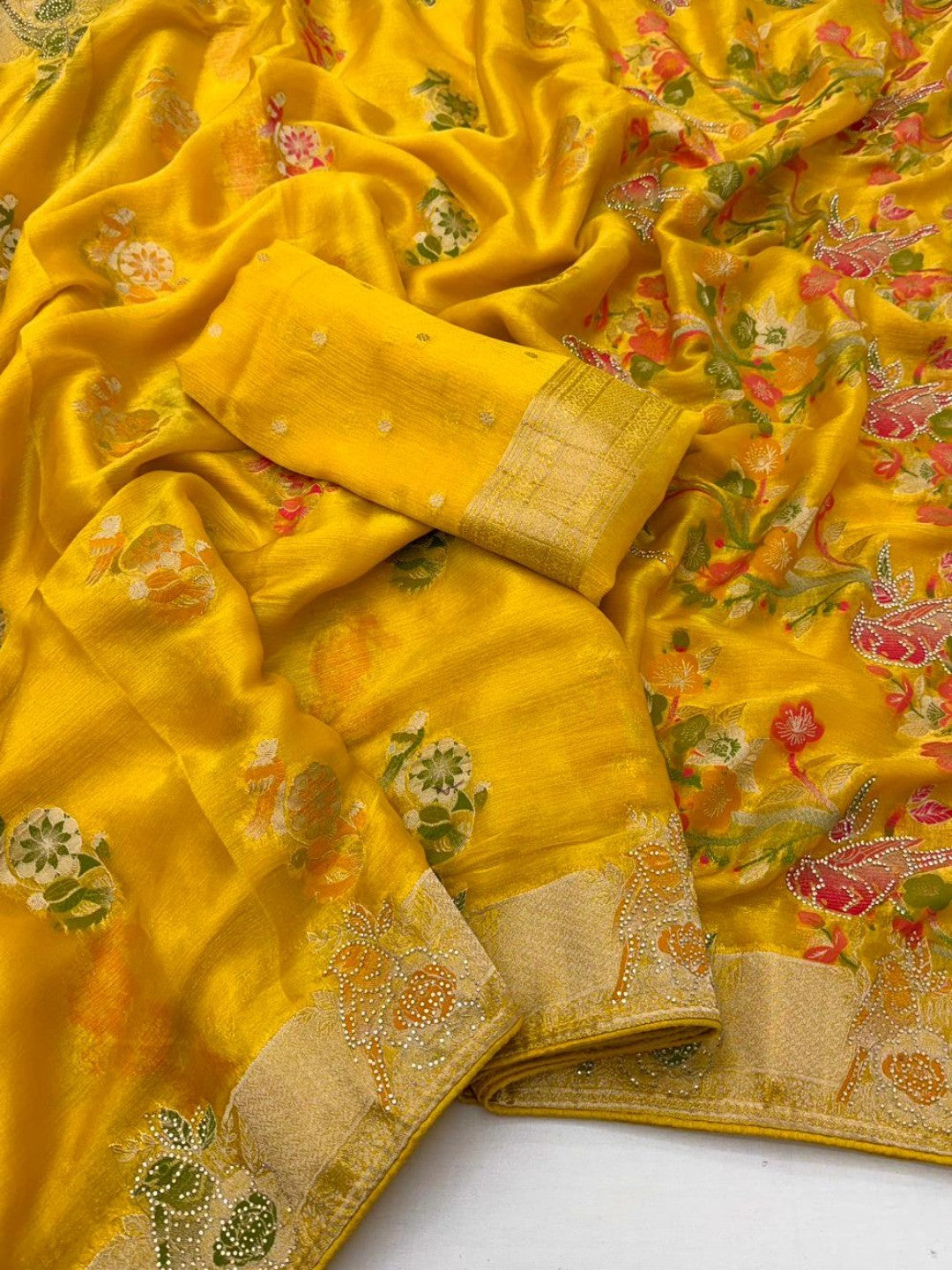 Yellow Chiffon Saree with Intricate Floral Weaving and Stone Work Elegant Party Wear - Image 3