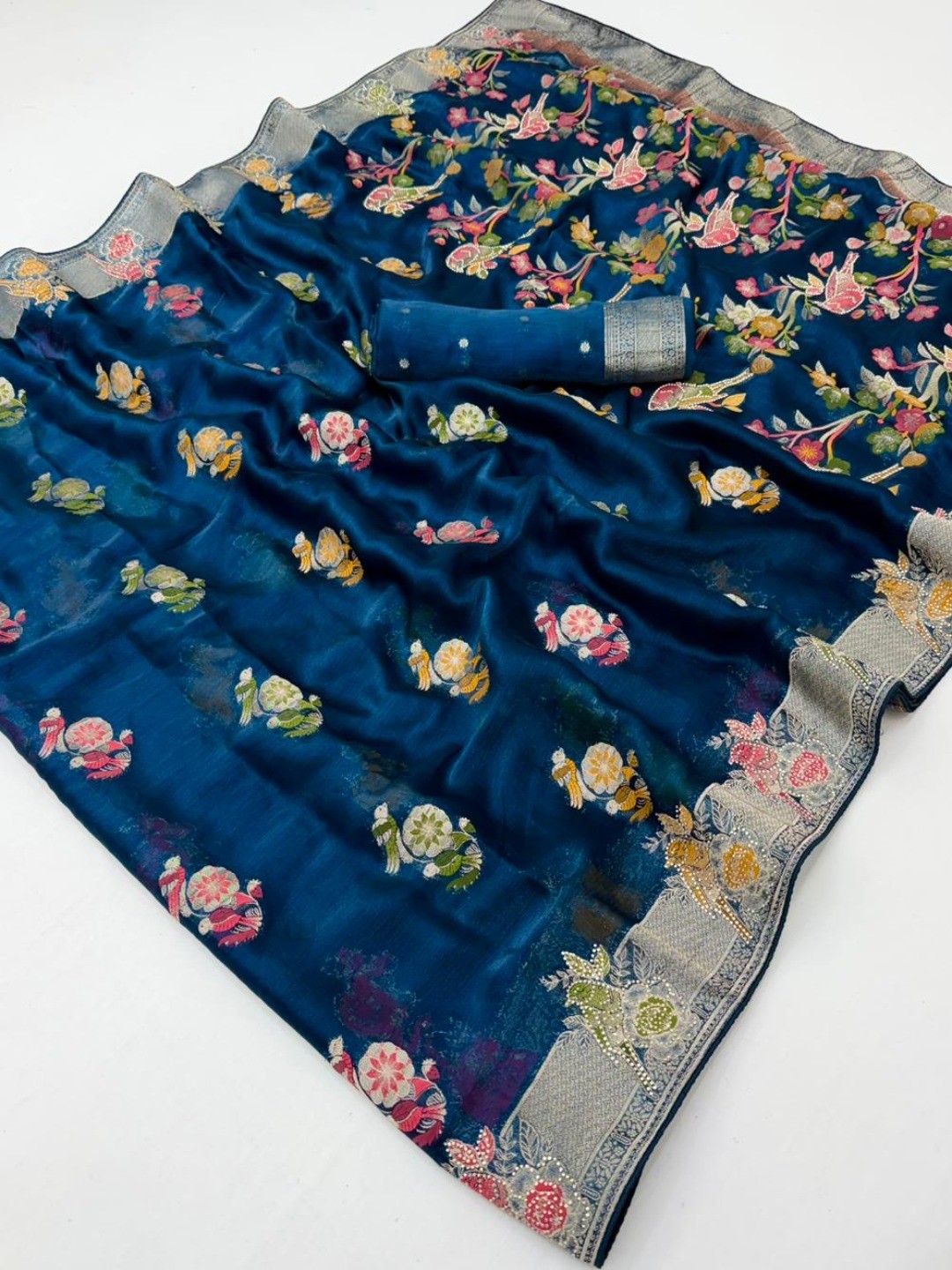 Elegant Blue Chiffon Saree with Intricate Floral Embroidery Work - Image 2