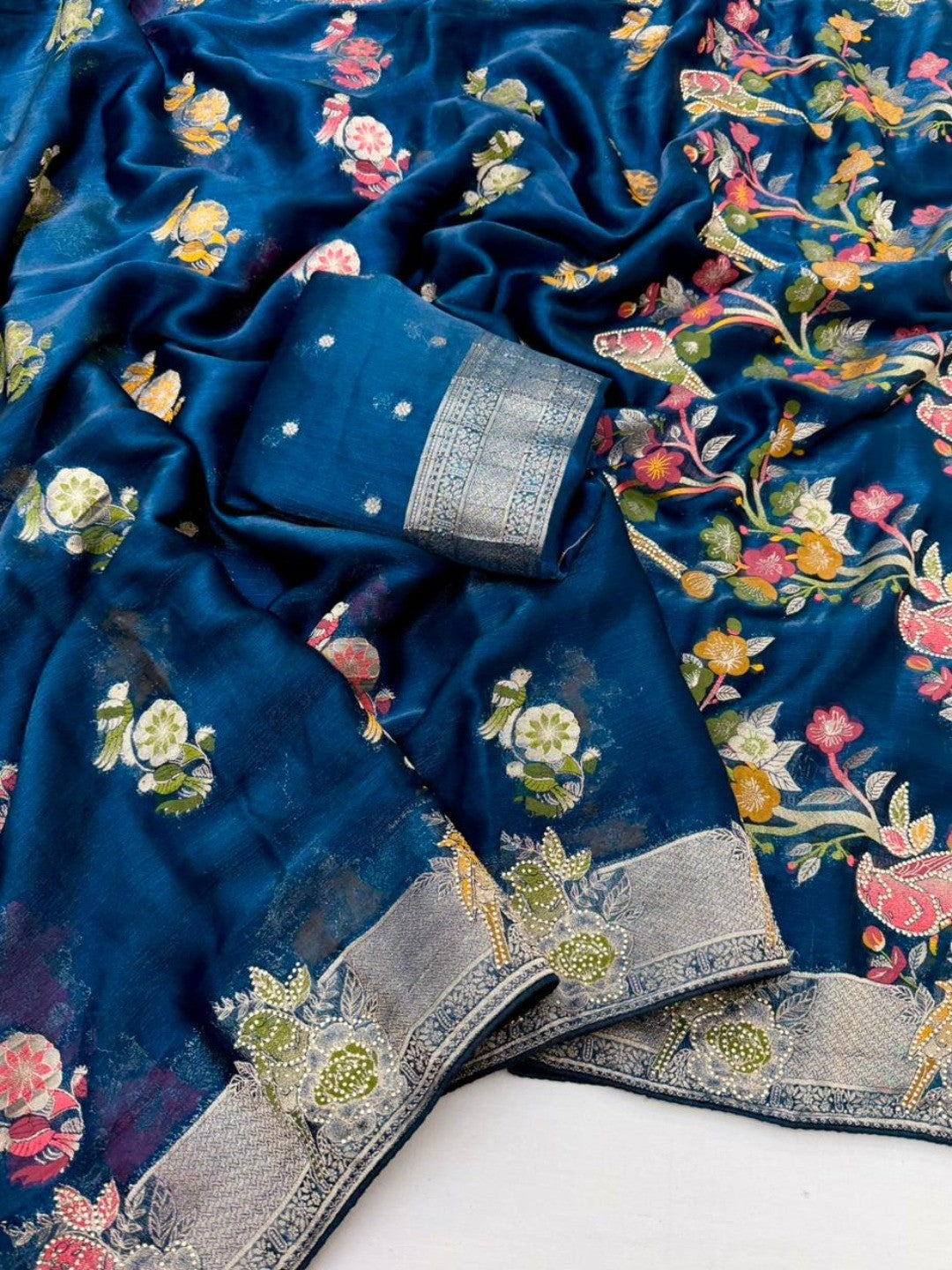 Elegant Blue Chiffon Saree with Intricate Floral Embroidery Work - Image 3