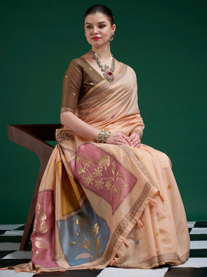 Designer Peach Jamdani Cotton Silk Saree With Floral Zari Weaving & Tassel Pallu - Image 2