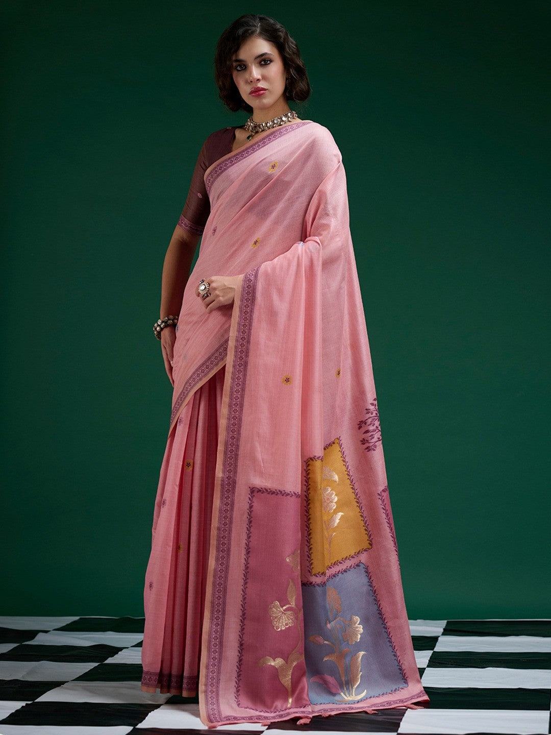 Designer Pink Jamdani Cotton Silk Saree With Floral Zari Weaving & Tassel Pallu - Image 1