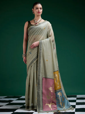 Designer Sage Green Jamdani Cotton Silk Saree With Floral Zari Weaving & Tassel Pallu - Image 1