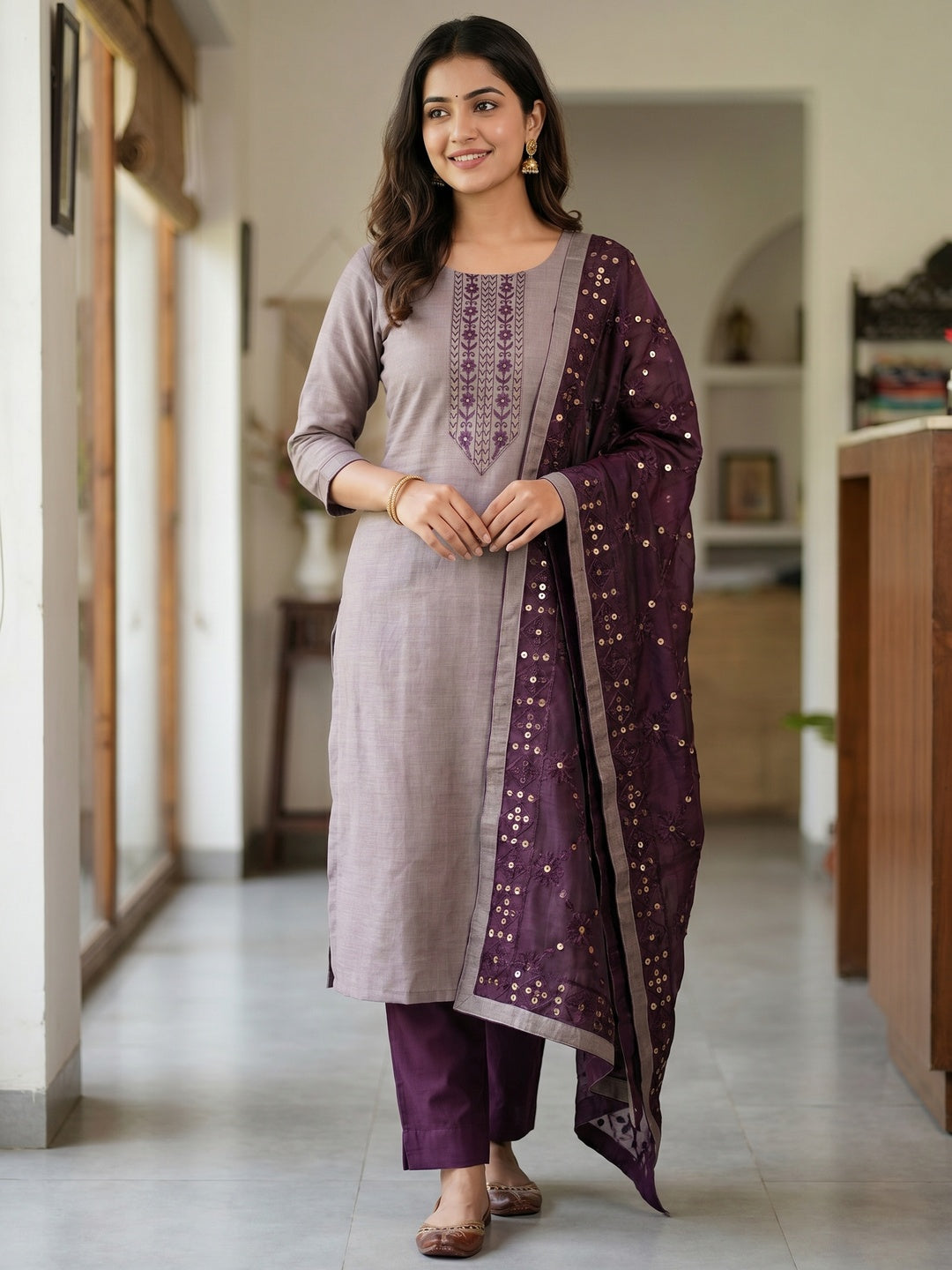 Elegant Misty Mauve Cotton Blend Dress Material Adorned With Floral Em