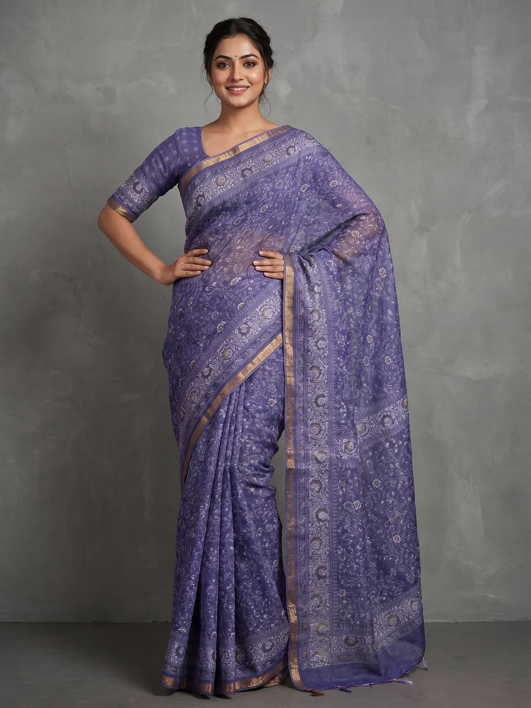 Elegant Purple Linen Saree with Floral Print and Border Detail - Image 1